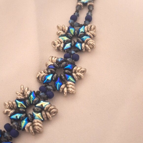 Artisan Beaded Metallic Blue Silver Snowflake Large Creative Bracelet - Picture 5 of 5